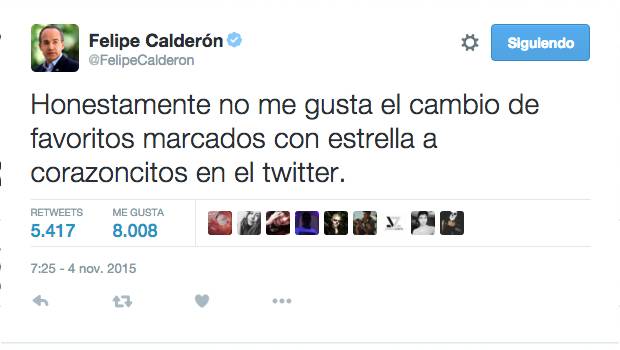 Felipe Calderón se pronuncia sobre polémica en Twitter El expresidente Felipe Calderón lamentó el cambio de estrellas a corazones en Twitter para marcar un tuit como favorito. 