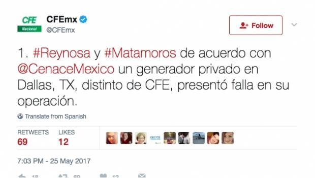 Restablecen al 100% el servicio de energía en Reynosa y Matamoros