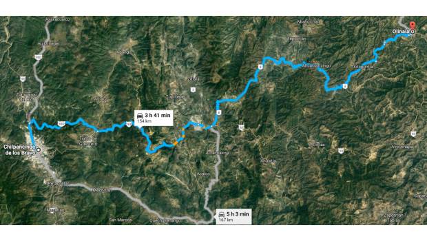 Distancia entre las cabeceras municipales de Chilpancingo y Olinalá