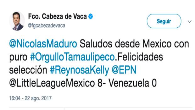 “@NicolasMaduro Saludos desde Mexico con puro #OrgulloTamaulipeco. Felicidades selección #ReynosaKelly @EPN @LittleLeagueMexico 8- Venezuela 0”.