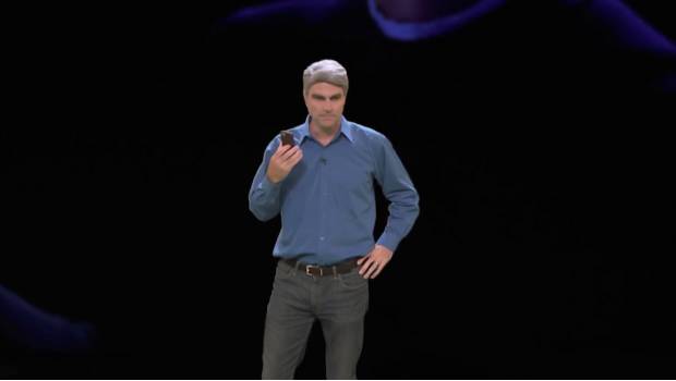 Un falso Craig Federighi presentando el iPhone X.