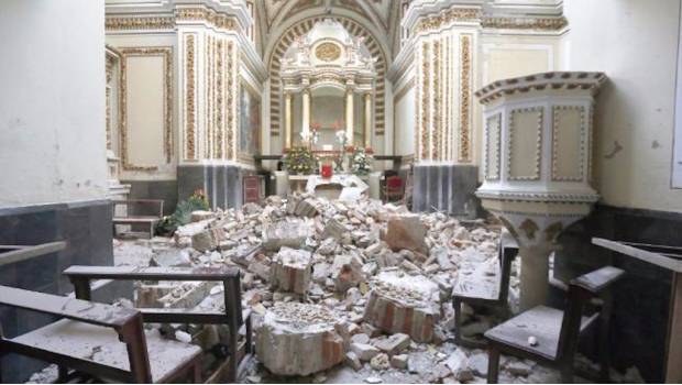 Escombros de la Iglesia de Tepontla, en Puebla.