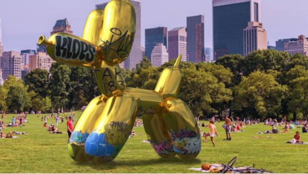 Representación vandalizada de la pieza "Balloon Dog" de Jeff Koons.