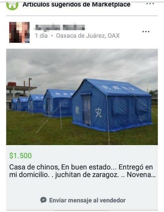 Venden casas de campaña donadas por China tras el sismo