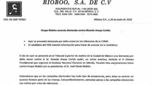 Grupo Riobóo demanda a Ricardo Anaya por daño moral. Noticias en tiempo real